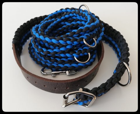 Bl/Svart Hundhalsband & Koppel
