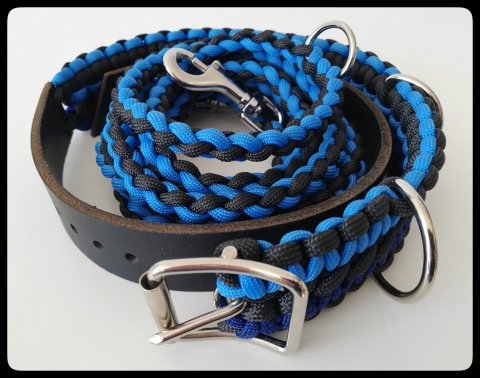 Bl/Svart Hundhalsband & Koppel