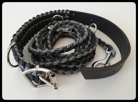Silver/Svart Hundhalsband & Koppel